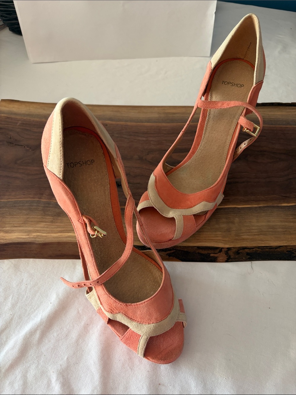 Topshop Coral and Cream Suede Peep-Toe Heels